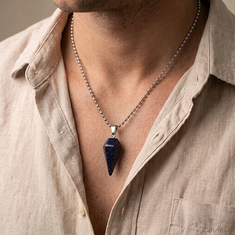 Collar Péndulo Piedra Lluvia de Plata con Cadena Acero
