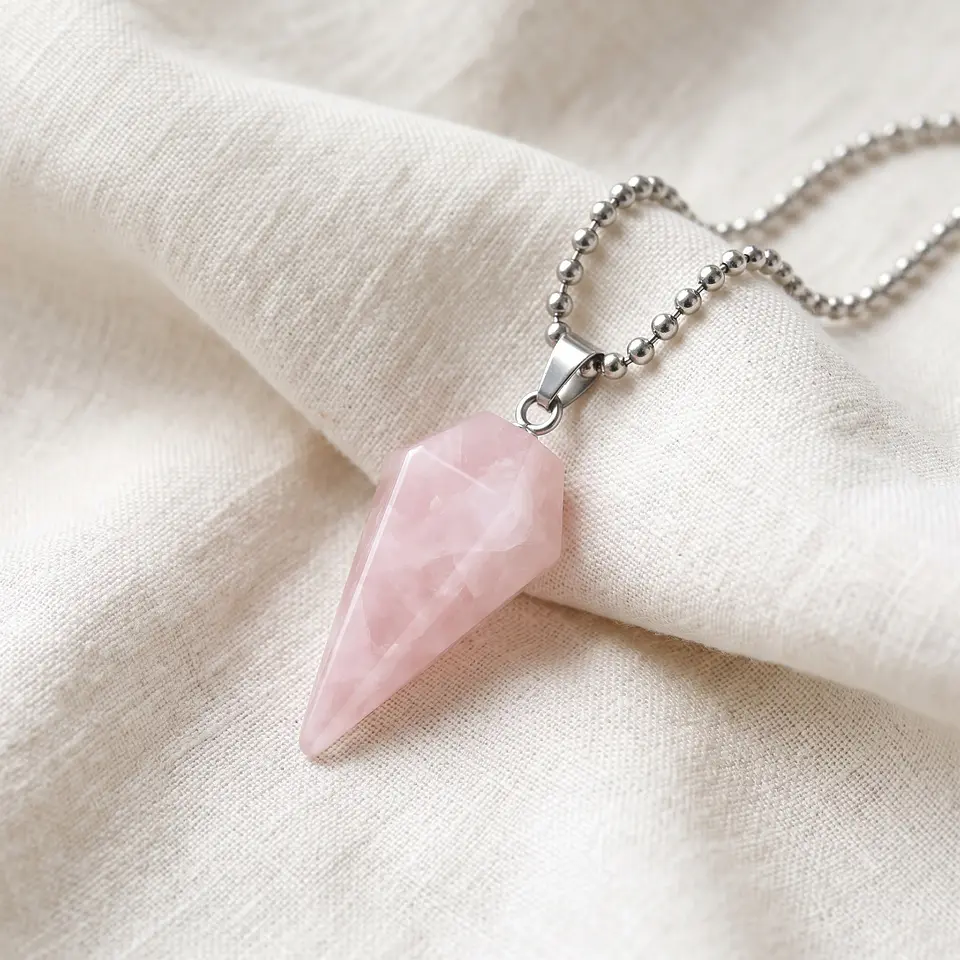 Collar Péndulo Piedra Cuarzo Rosado con Cadena Acero 3