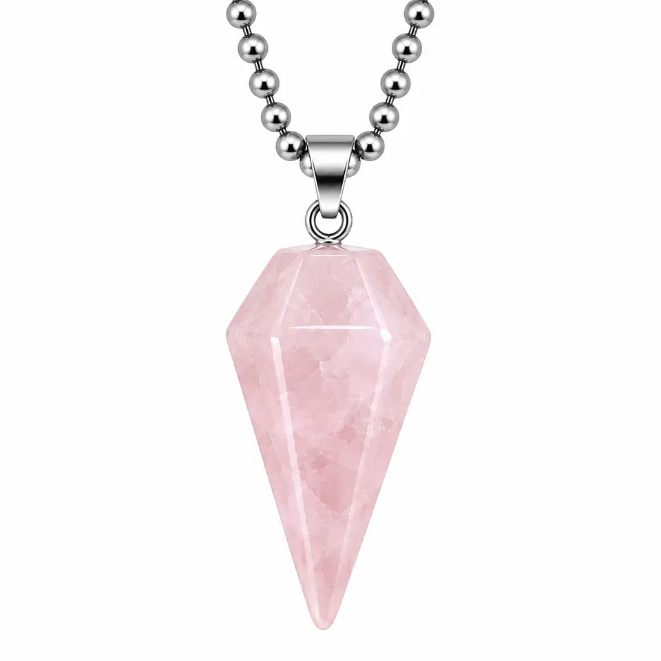 Collar Péndulo Piedra Cuarzo Rosado con Cadena Acero 1