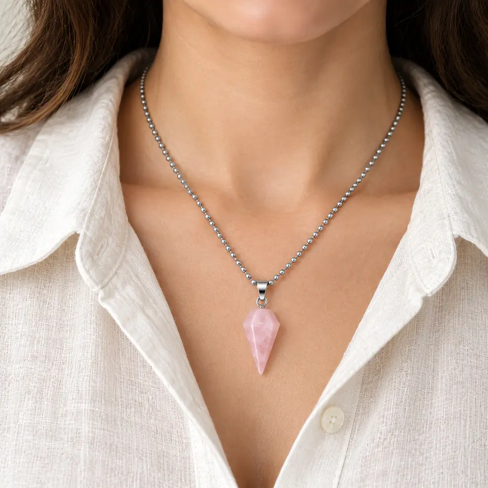 Collar Péndulo Piedra Cuarzo Rosado con Cadena Acero 2