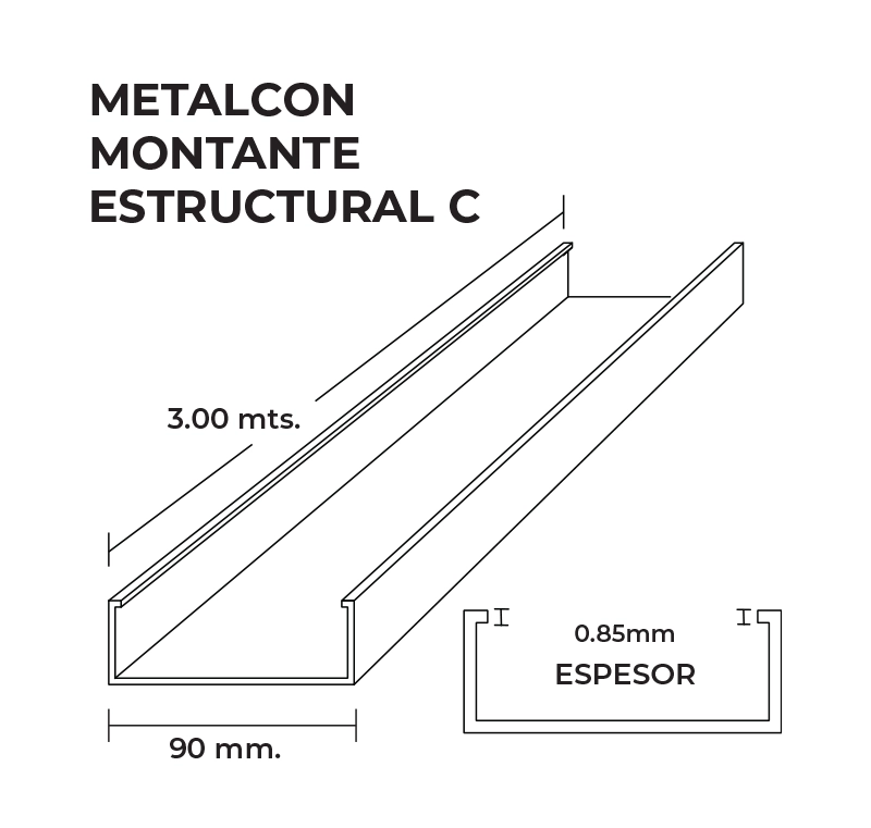 Perfil C 2x4x0,85mm x3 Metros Montante Estructural