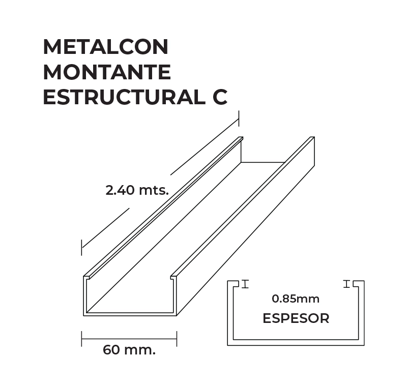 Perfil C 2x3x0,85mm x3,0 Metros Montante Estructural 