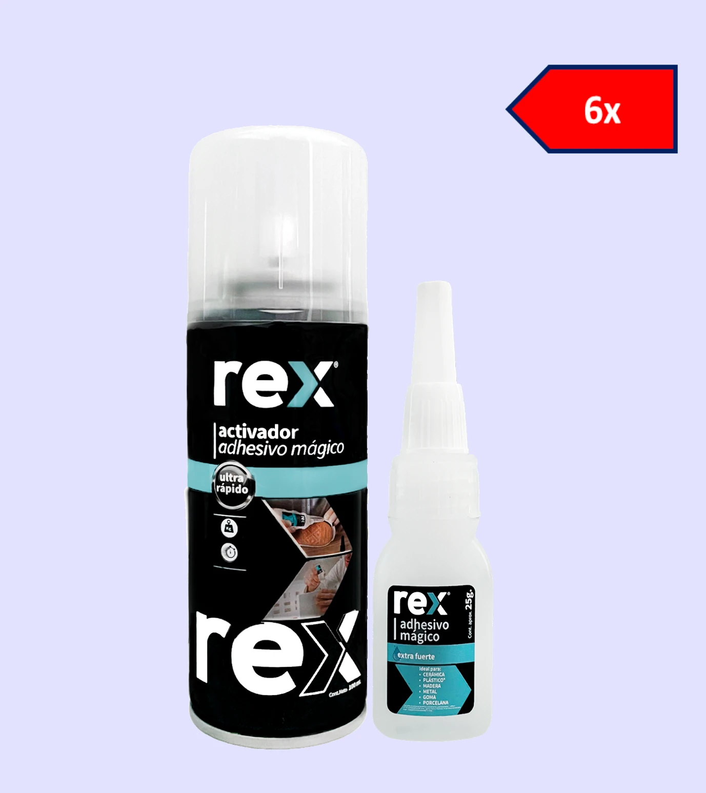 Caja 6 unidades - Rex Adhesivo Mágico, Frasco 100 gr - Spray 400 ml