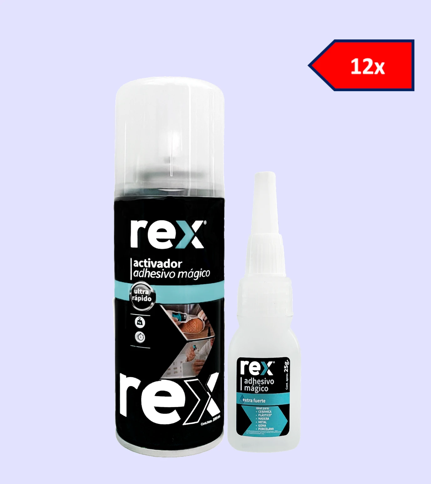 12x Rex Adhesivo Mágico, Frasco 25 gr - Spray 100 ml