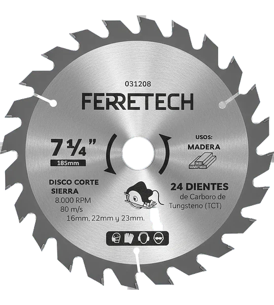Disco de Corte TCT para Madera 7 1/4″ 24 Dientes (24T)