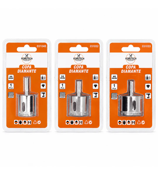 Set Brocas Copa Diamantadas para Cerámica 3 Piezas 25, 32 y 40 mm