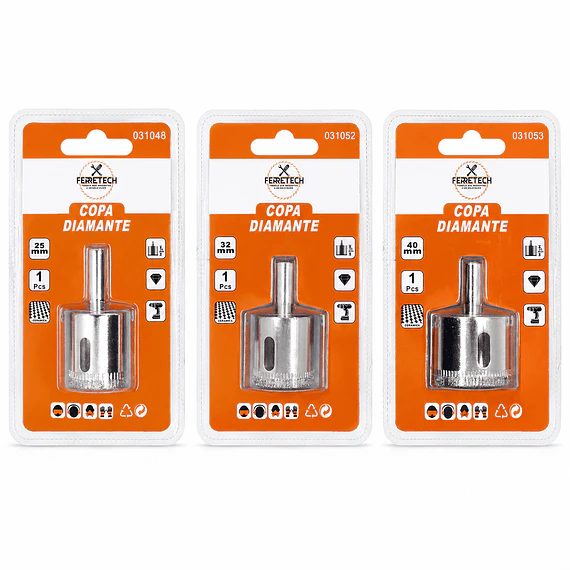 Set Brocas Copa Diamantadas para Cerámica 3 Piezas 25, 32 y 40 mm