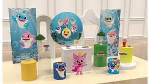 Baby Shark 3D Painel + Laterais + Trio Cilindro