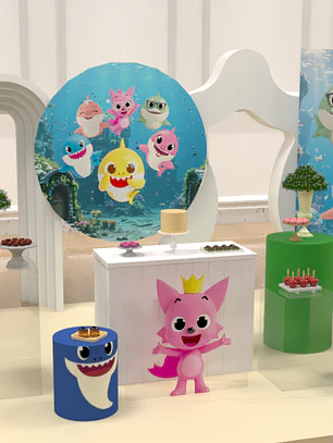 Arte Pronta Baby Shark 3D Painel + Laterais + Trio Cilindro