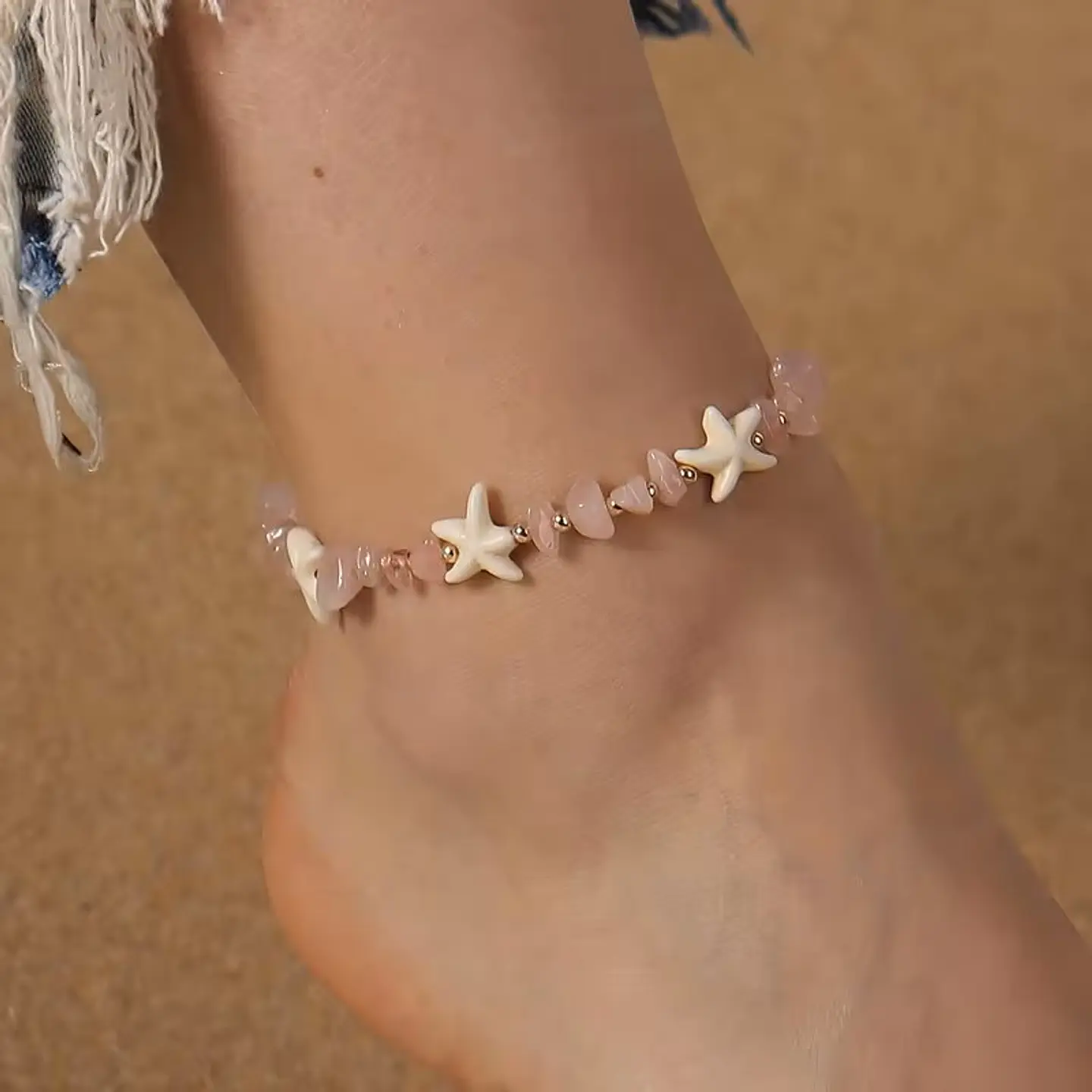 Pulsera Tobillera Cuarzo Rosa Conchas 5