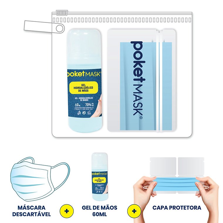 Poketmask Pack 3 - Máscara Descartável + Estojo + Álcool Gel