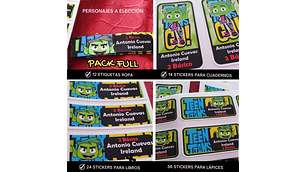 Pack etiquetas ropa y stickers escolares, personajes a elección