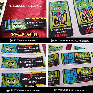 Pack etiquetas ropa y stickers escolares, personajes a elección