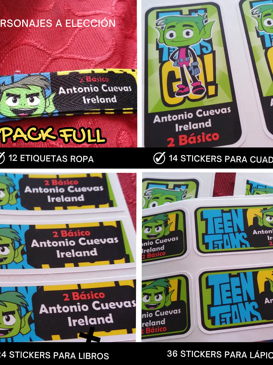Pack etiquetas ropa y stickers escolares, personajes a elección 1