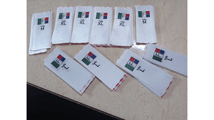 100 Etiquetas Satín 2,5x7 Cms  Personalizadas con tallas surtidas, fondo blanco