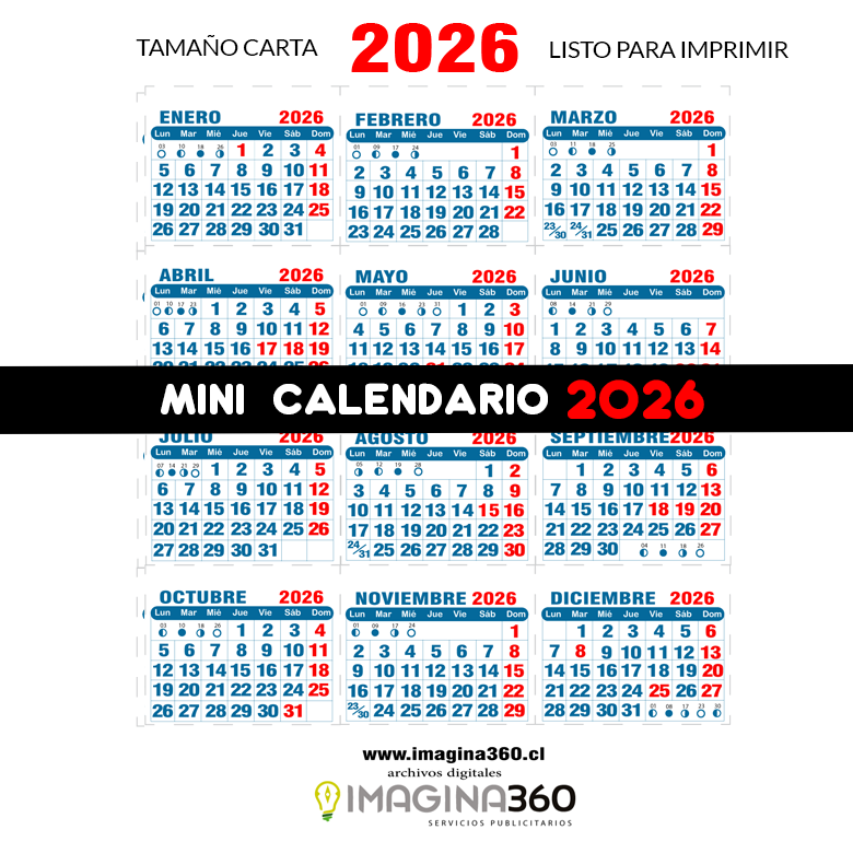 Mini Calendario imprimible de 2026 TAMAÑO CARTA