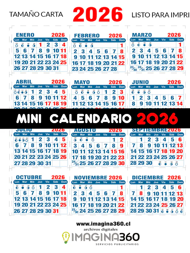 Mini Calendario imprimible de 2026 TAMAÑO CARTA 1