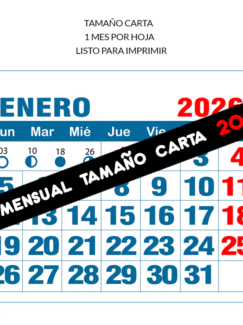 Calendario imprimible de 2026 TAMAÑO CARTA 1