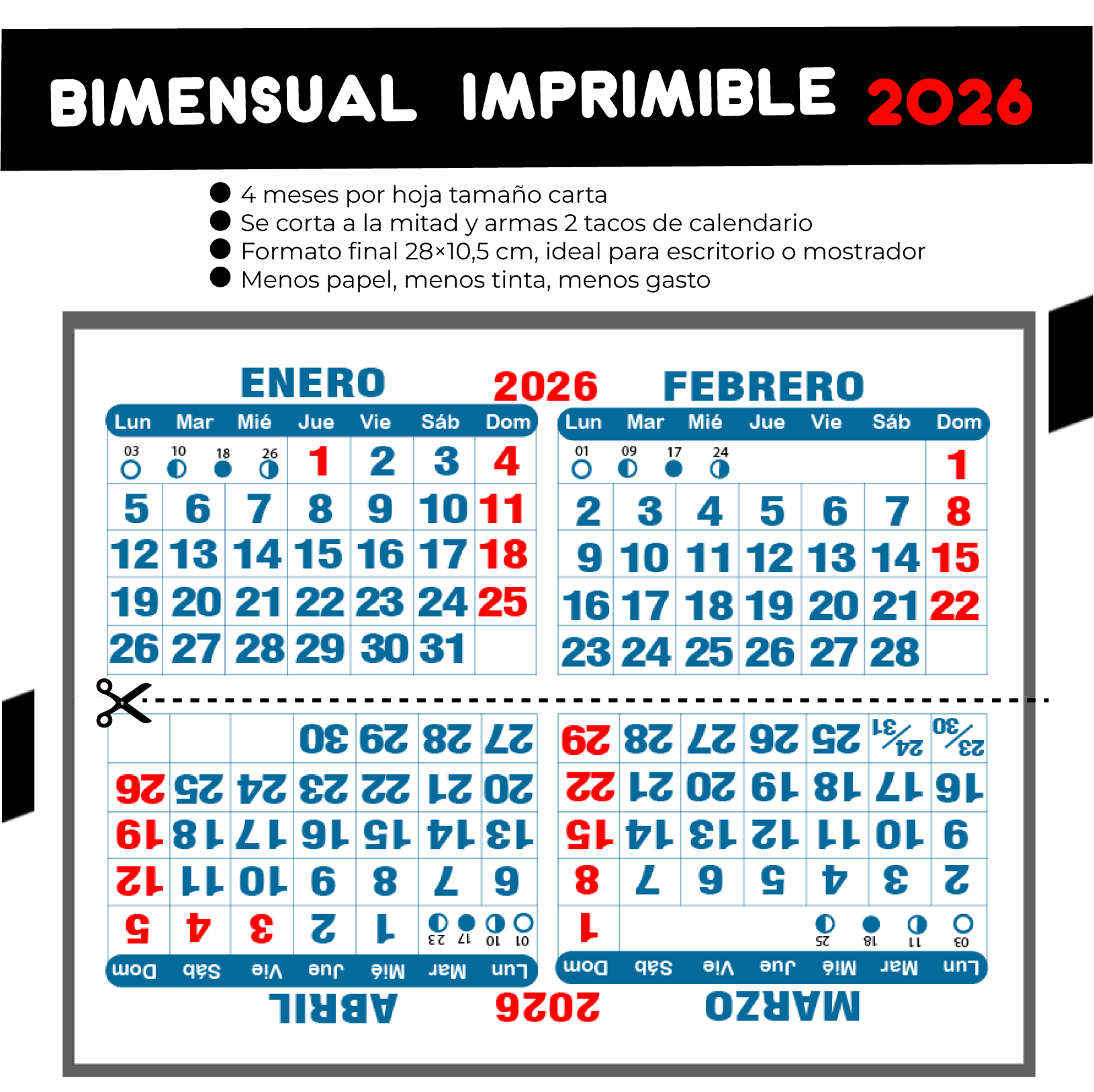 Calendario BIMENSUAL imprimible 2026