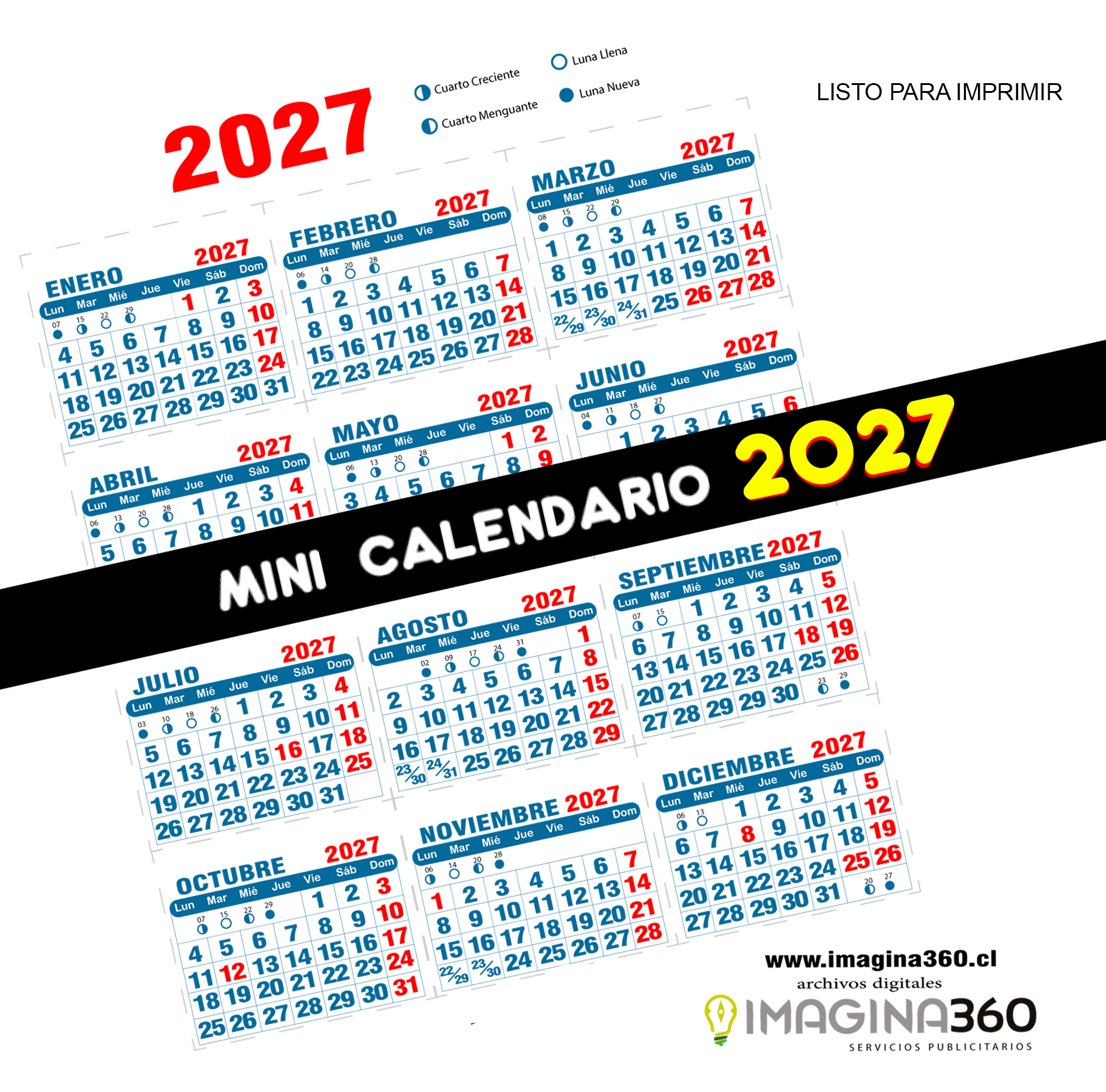 Mini Calendario imprimible de 2027 TAMAÑO CARTA