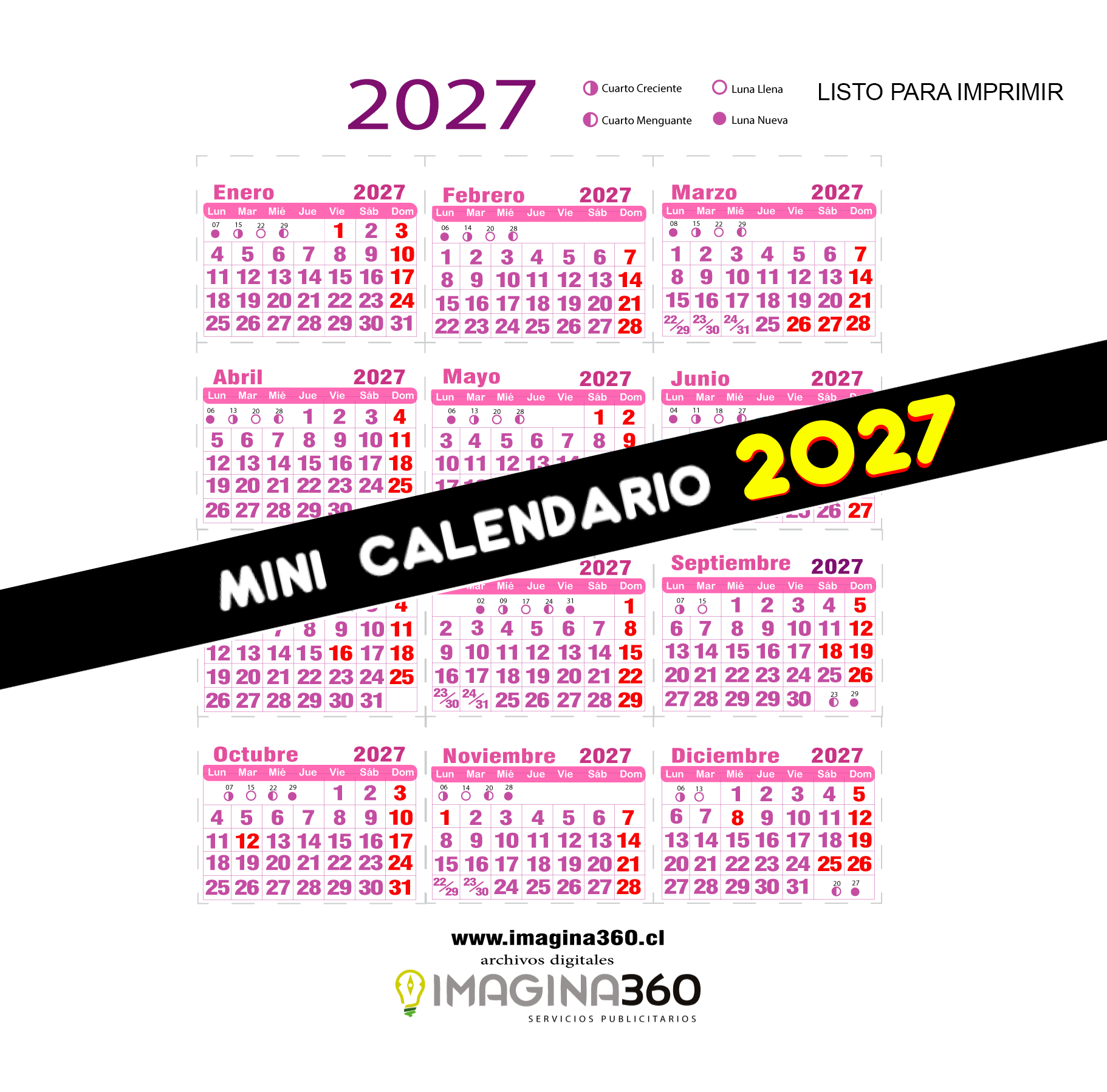 Mini Calendario imprimible de 2027 TAMAÑO CARTA- ROSADO