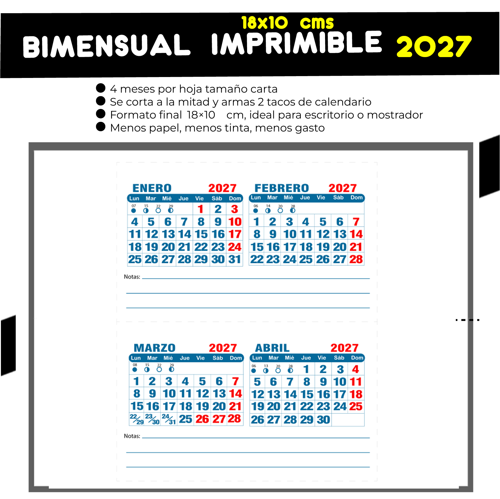 Calendario BIMENSUAL imprimible 2027- 18x10cms