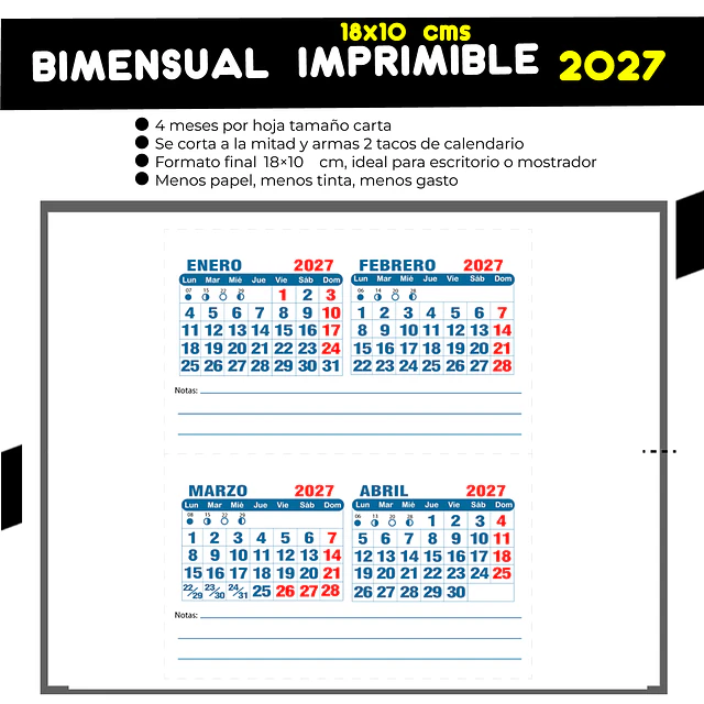 Calendario BIMENSUAL imprimible 2027- 18x10cms 1