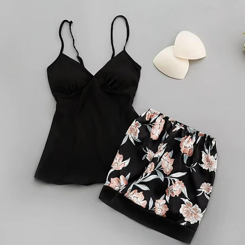 Pijama Satin Short Floreado Diseño Unico Negro Liso M