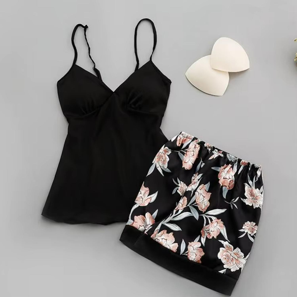 Pijama Satin Short Floreado Diseño Unico Negro Liso L 1