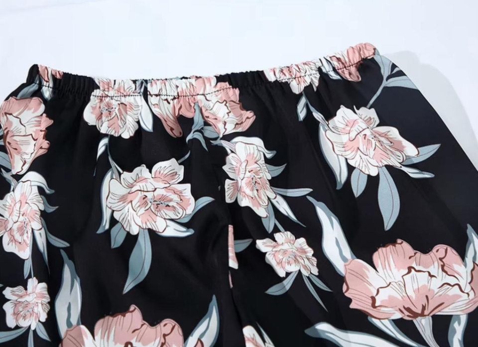 Pijama Satin Short Floreado Diseño Unico Negro Liso L 3