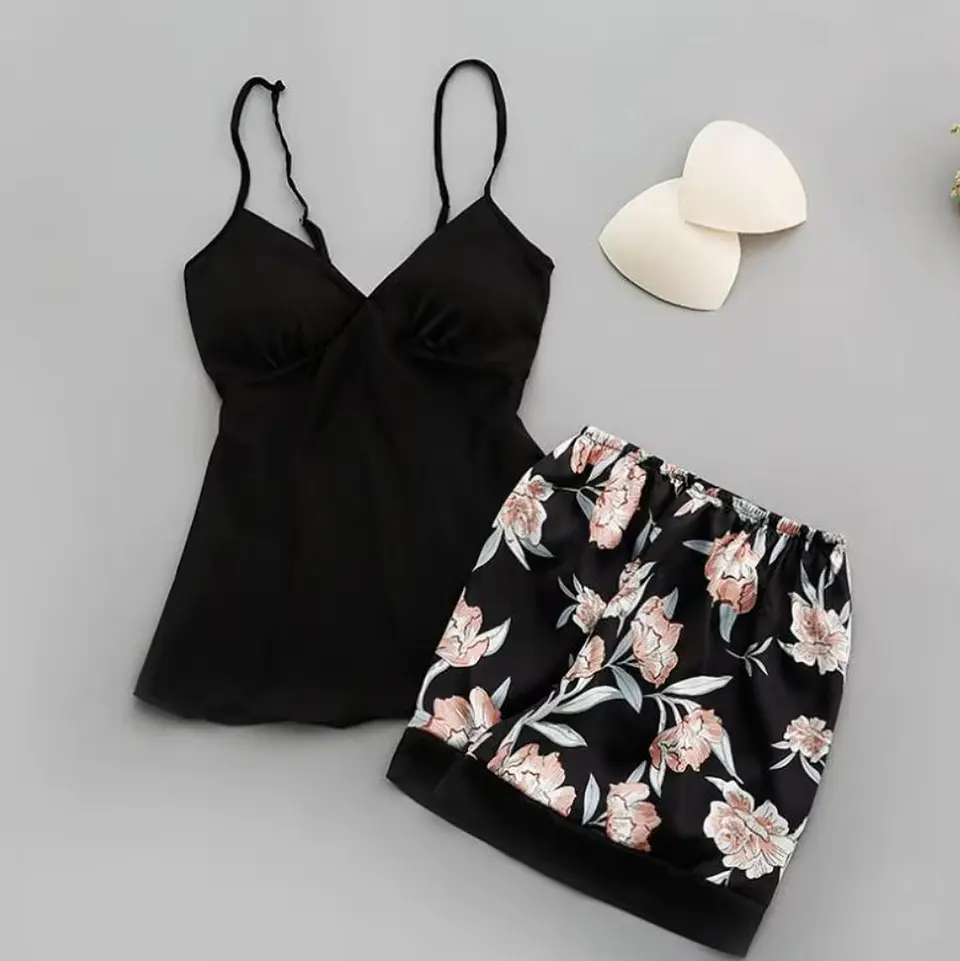 Pijama Satin Short Floreado Diseño Unico Negro Liso S 1