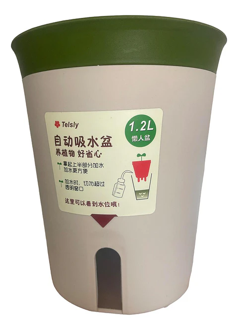Macetero Autorregante Verde Musgo Con Medida De Agua