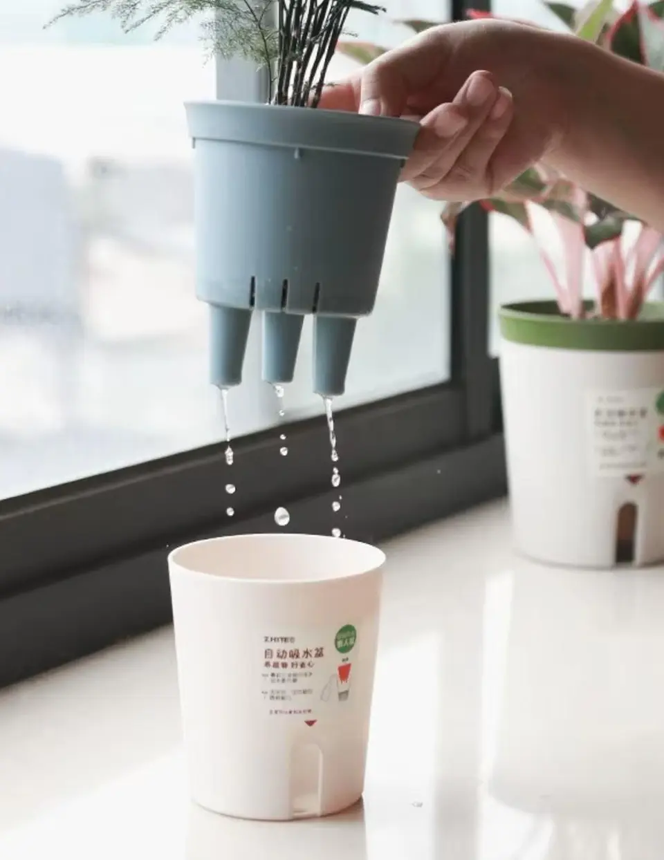 Macetero Autorregante Verde Musgo Con Medida De Agua 5