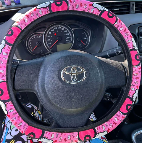 Cubridor De Volante Manubrio Diseño Para Autos Negro Diseño Rosa Chicle