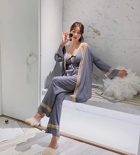 Pijama De Mujer Algodon Diseño Unico Gris Oscuro Liso S