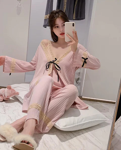 Pijama De Algodon Diseño Unico Con Bata Diseño Rosa Claro Liso S