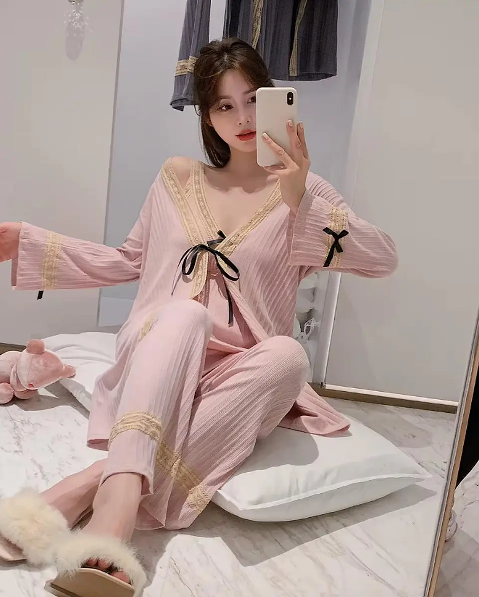 Pijama De Algodon Diseño Unico Con Bata Diseño Rosa Claro Liso S 1