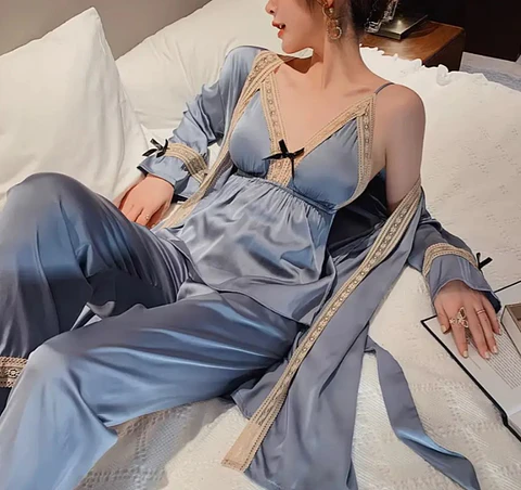 Pijama Satin Diseño Unico Para Regalo Azul Acero Liso S