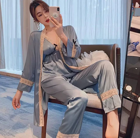 Pijama Satin Diseño Unico Para Regalo Azul Acero Liso S