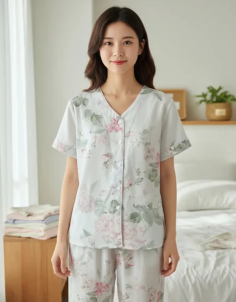 Pijama De Viscosa Diseño Unico Floreado Pantalon Medio Floreado Floreado S