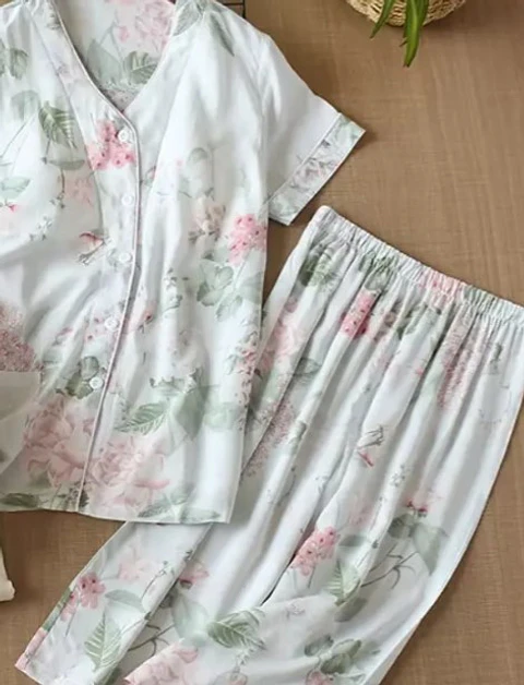 Pijama De Viscosa Diseño Unico Floreado Pantalon Medio Floreado Floreado S