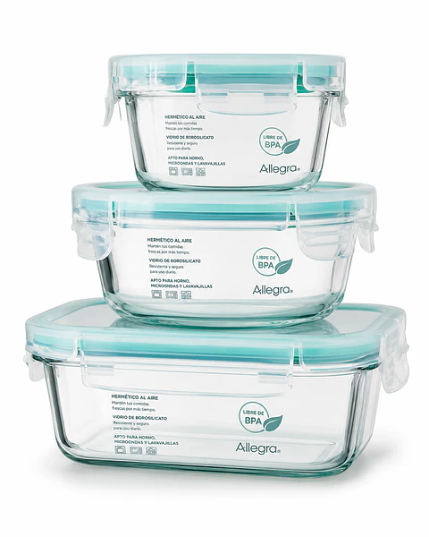 Pack 3 Taper Hermético Vidrio Comida Allegra