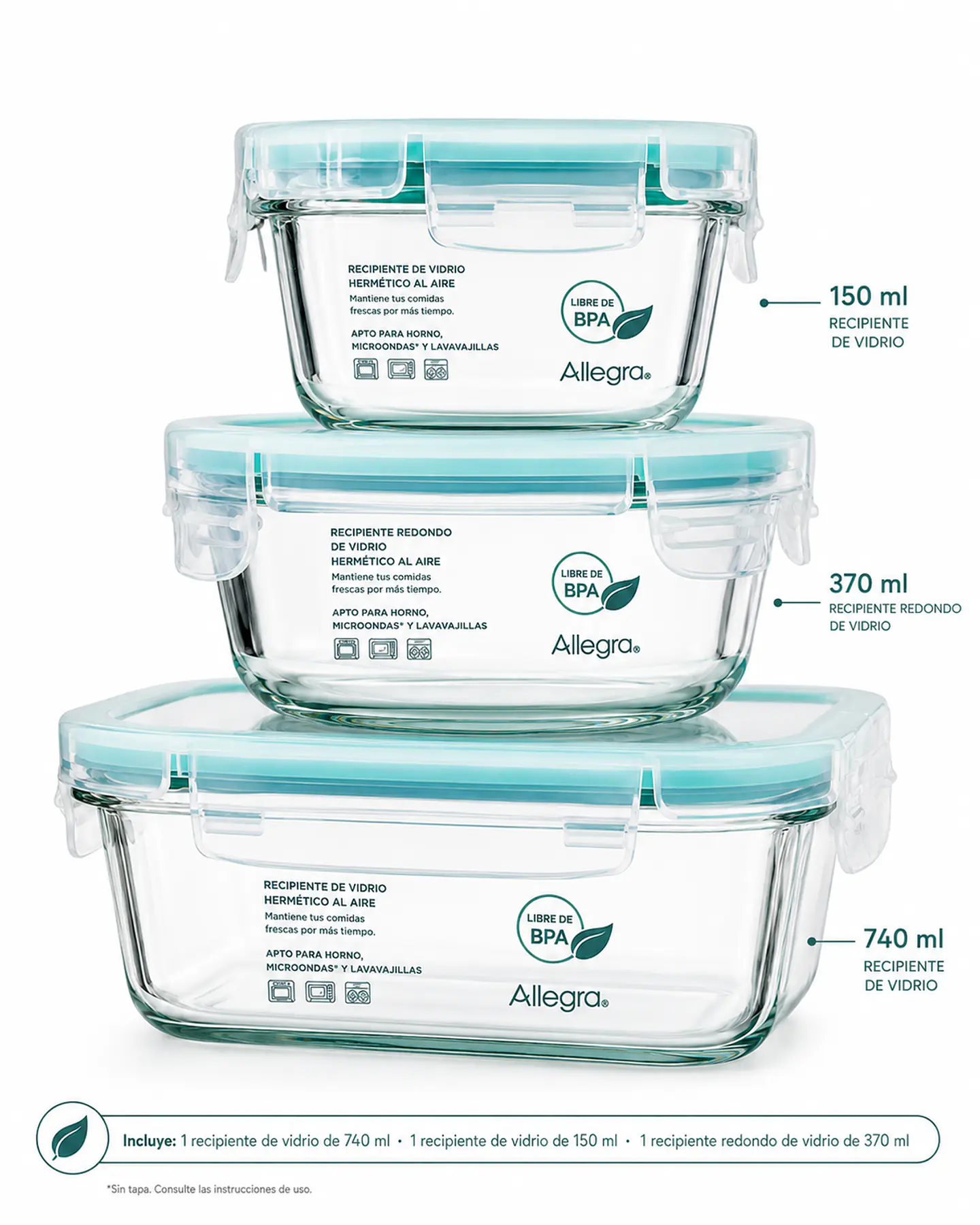 Pack 3 Taper Hermético Vidrio Comida Allegra 5