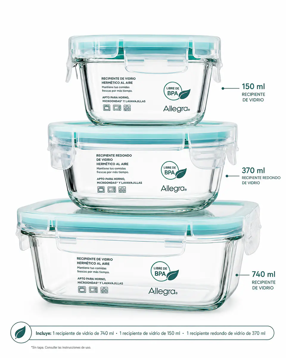 Pack 3 Taper Hermético Vidrio Comida Allegra 5