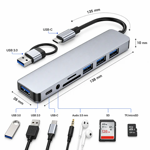 adaptador divisor 8 en 1 para pc conexion sd