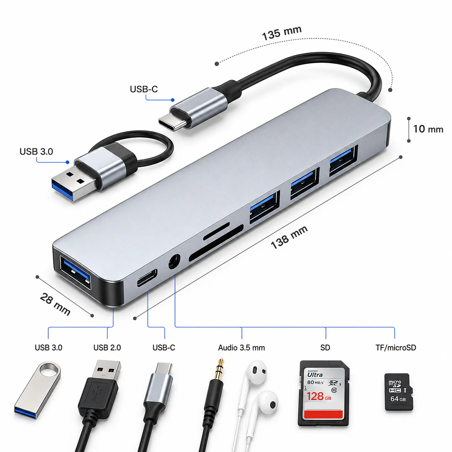 adaptador divisor 8 en 1 para pc conexion sd 2