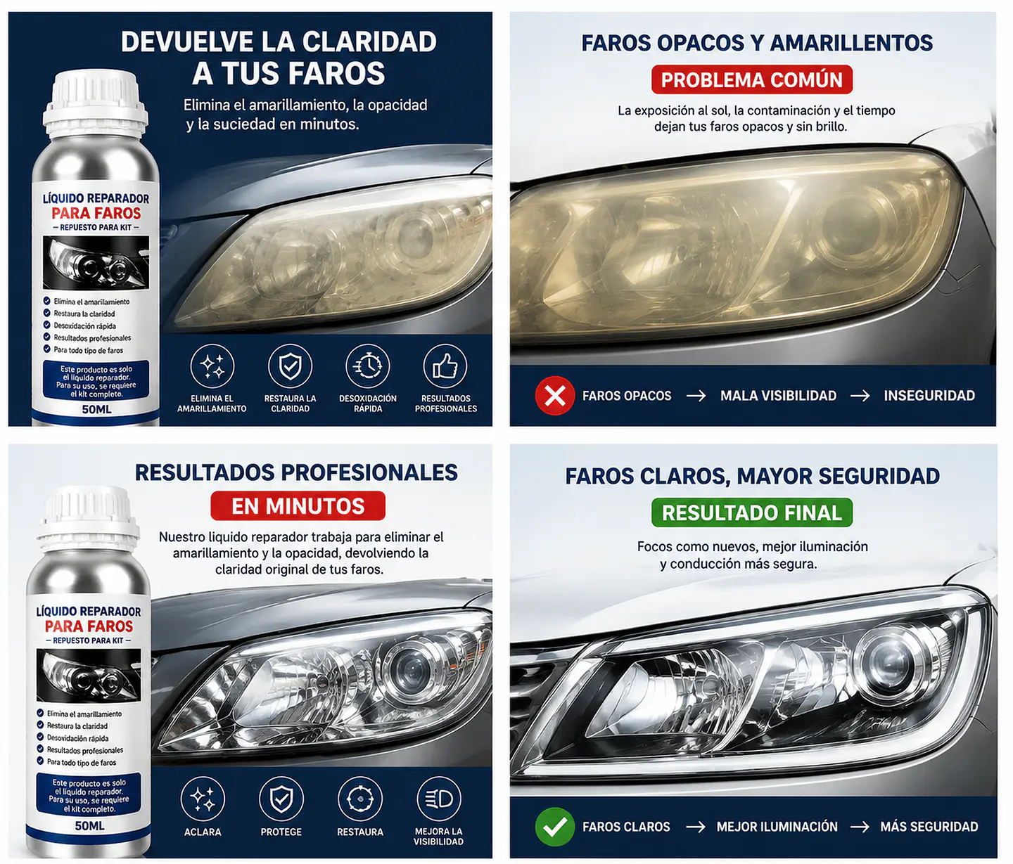 Foco Faro Auto Limpia Repara Restaura Pulir Rayones 50 Ml 3