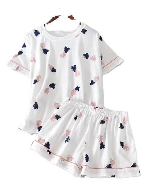 Pijama De Algodon Blanco Diseño Corazones Blanco Corazones M