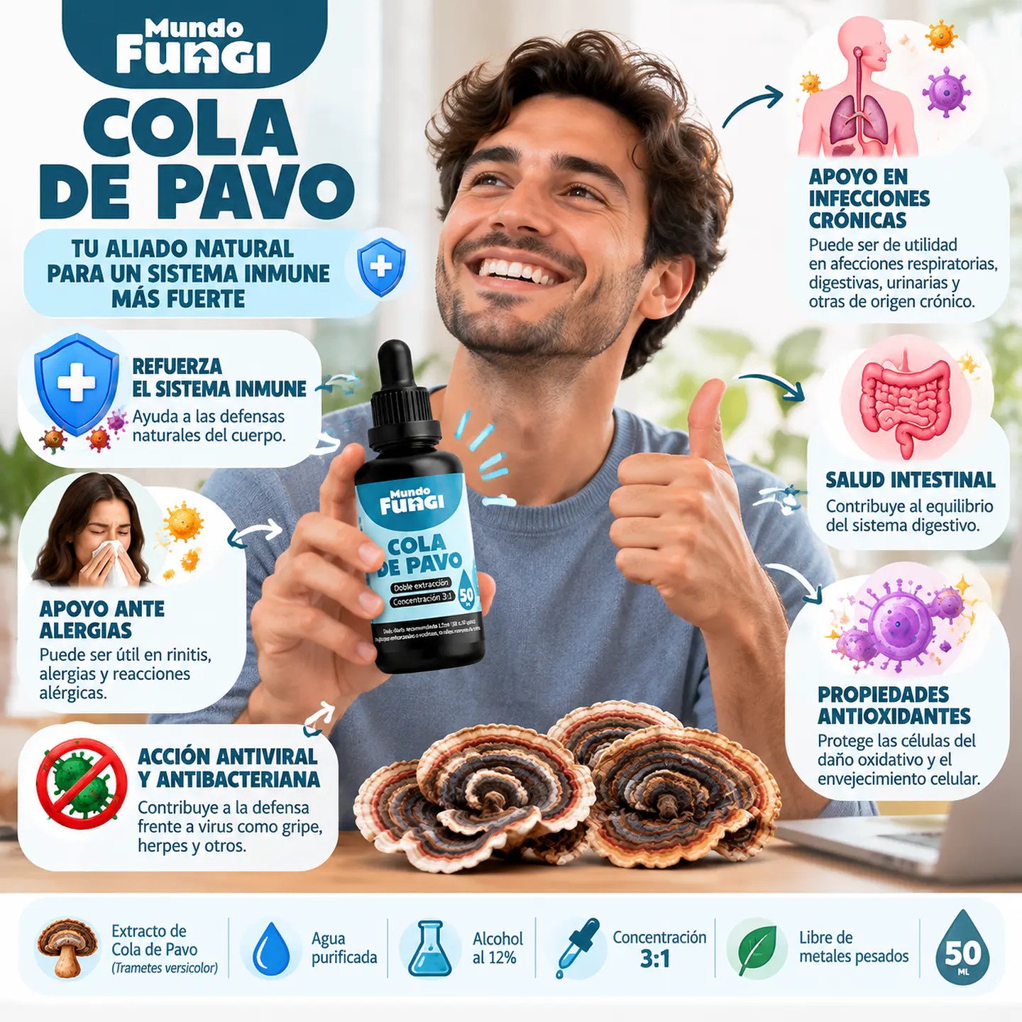 Cola De Pavo En Gotas Extracto 50 Ml | Mundo Fungi suplemento 3
