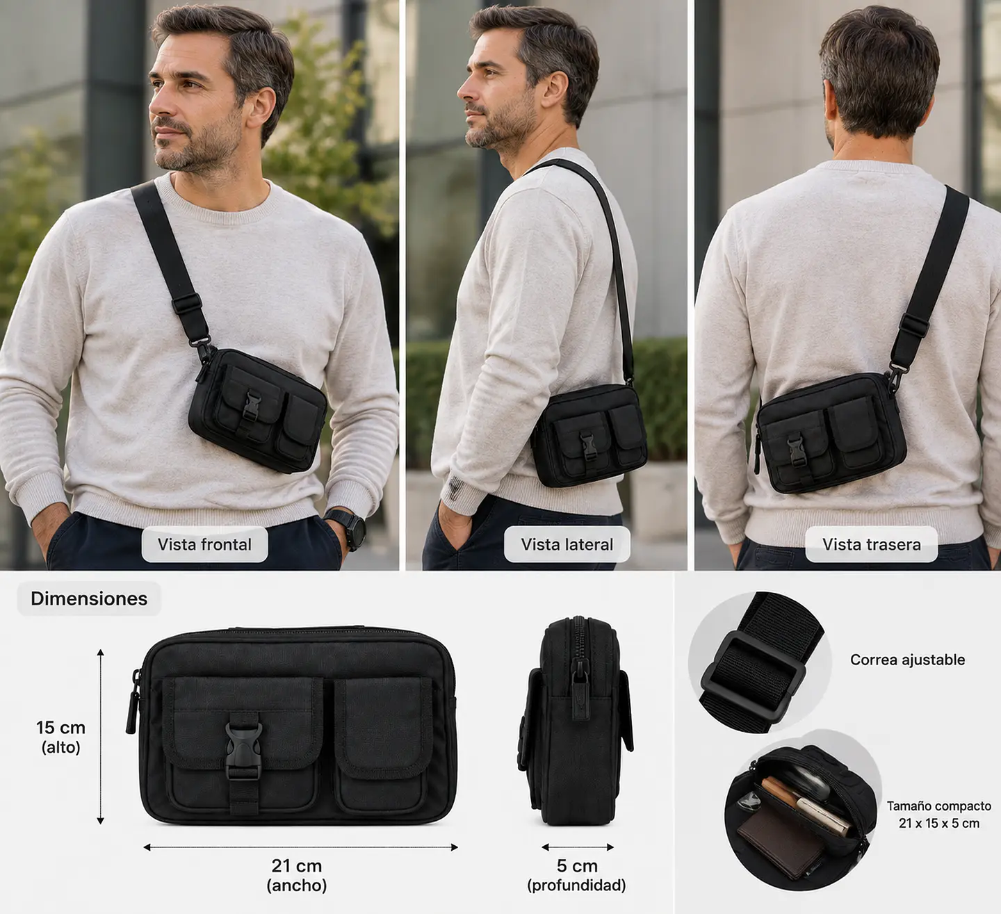 Bolso Bandolera cruzado morral negro 3